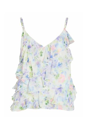 Ľahký kvetinový bezrukávový top s nastaviteľnými ramienkami a vrstveným volánovým detailom v pastelových farbách na bielom pozadí.