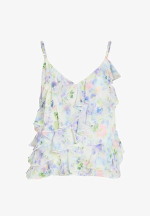 Haut sans manches léger à fleurs avec bretelles réglables et détail à volants superposés dans des couleurs pastel sur fond blanc.