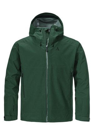 Grüne wasserfeste Jacke mit Reißverschluss vorne, verstellbarem Kapuze, Seitentaschen und elastischen Bündchen. Hergestellt aus leichtem, strukturiertem Stoff.