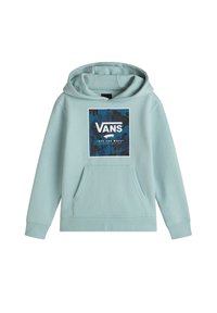 Ljusblå hoodie gjord av en blandning av bomull, med en framfickan och en logotypgrafik på bröstet.