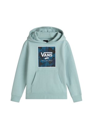 Vaaleansininen huppari, joka on valmistettu puuvillasekoitteesta. Siinä on edessä kengurupocket ja logo graafinen kuva rinnassa.