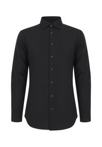 Czarna koszula z długim rękawem, z kołnierzykiem zapinanym na guziki, z guziczkami z przodu i zaokrąglonym dołem. Materiał wydaje się gładki i nieco teksturowany.