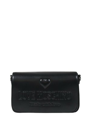 Borsa a tracolla nera in pelle con il testo in rilievo "LOVE MOSCHINO" e dettaglio a forma di cuore, caratterizzata da una texture liscia e design con chiusura a pattina.
