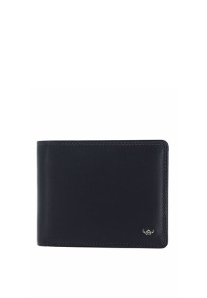 Portefeuille bifold en cuir noir avec coutures visibles et petit emblème argenté en bas à droite.