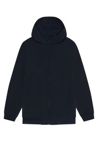 Giacca a vento blu navy realizzata in materiale morbido, con chiusura frontale a zip, due tasche laterali e polsini a coste in vita e sulle maniche.