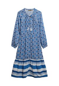 Niebieska, kwiecista sukienka z długim rękawem, z zebranym dekoltem, frędzlami i warstwowym dołem, z poziomymi wzorami w niebiesko-białe paski.