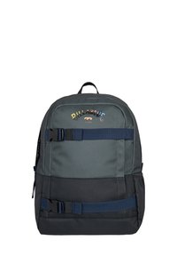Gray backpack with blue straps, featuring a multi-colored logo at the top, made of durable fabric, with side pockets and adjustable straps.