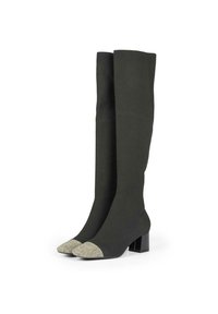 Botas hasta la rodilla de color verde oscuro con una textura suave, con una puntera metálica dorada y un tacón grueso negro. Diseño elegante y moderno.