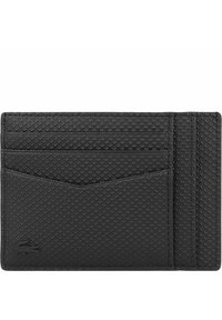 Zwarte leren kaarthouder met een textuur oppervlak, voorzien van meerdere kaartsleuven en een subtiele merkembleem. Compact rechthoekig formaat.