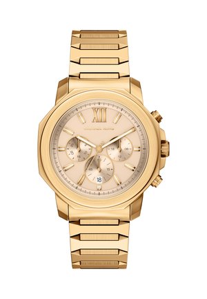 Montre chronographe ton or avec un boîtier octogonal, cadran beige, affichage de la date et un bracelet à maillons métalliques texturés. Affiche des chiffres romains.