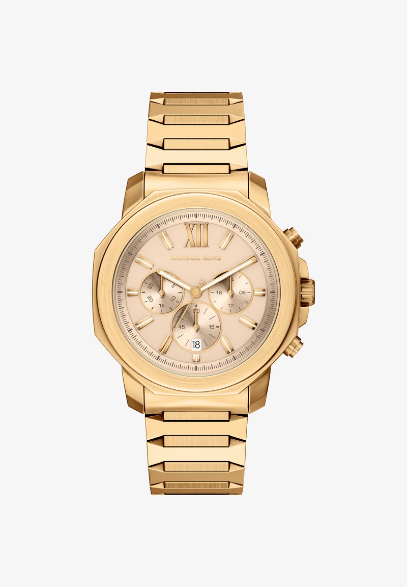 Zegarek chronograf w złotym odcieniu z ośmiokątną kopertą, beżową tarczą, wyświetlaczem daty oraz teksturowaną bransoletą z metalowych ogniw. Zegarek z rzymskimi cyframi.