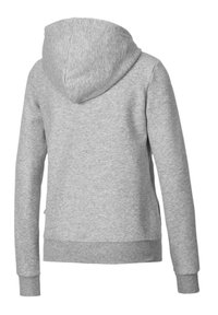 Felpa grigia con una texture morbida, dotata di un ampio cappuccio, maniche lunghe e polsini e orlo a coste. Design minimalista senza motivi visibili.