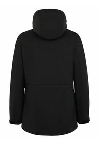 Veste d'hiver noire à capuche avec manches longues, taille légèrement cintrée et poignets ajustables, vue de dos sur un fond blanc.