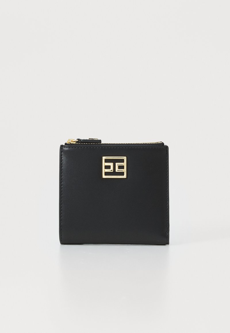 Black leather wallet with a smooth texture, featuring a gold square logo and a zipper along the top edge. Compact rectangular design.