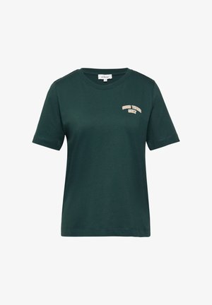 Dunkelgrünes Baumwoll-T-Shirt mit Rundhalsausschnitt und kurzen Ärmeln. Mit dem Schriftzug „NUR GUTE ZEITEN“ in hellbraun auf der linken Brust.