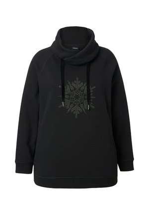 Sweat-shirt noir avec col bénitier et un motif de flocon de neige texturé en accents argentés. Doté de manches longues et d'une coupe décontractée.