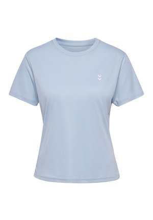 Helles blaues T-Shirt mit kurzen Ärmeln aus glattem, leichtem Stoff. Verfügt über ein kleines weißes Logo auf der Brust und ein klassisches Rundhalsdesign.