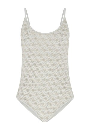 Weißer ärmelloser Body mit dünnen Trägern und einem Rautenmuster mit kleinen dekorativen Motiven auf dem Stoff.