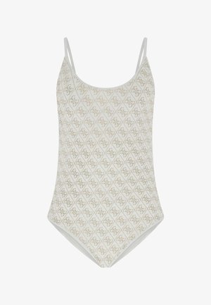 Weißer ärmelloser Body mit dünnen Trägern und einem Rautenmuster mit kleinen dekorativen Motiven auf dem Stoff.