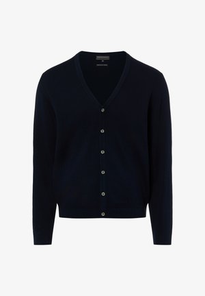 Cardigan bleu marine foncé à col en V, fabriqué en tissu doux, avec une fermeture boutonnée à six boutons arrondis et des poignets côtelés.