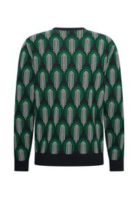 Maglione lavorato a maglia con motivo ad arco verde e nero con dettagli bianchi, maniche e colletto a coste. Realizzato in morbido tessuto testurizzato.