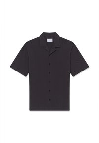 Chemise boutonnée à manches courtes, gris foncé avec des rayures verticales subtiles et un col cranté, posée à plat sur un fond blanc.