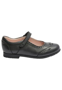 Schwarzer Leder-Mary-Jane-Schuh mit runder Zehenpartie, einem Klettverschlussriemen, dekorativen Perforationen und einem niedrigen Gummihacken.