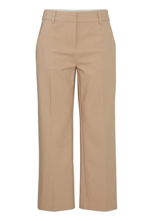 Pantaloni beige a gamba ampia con una texture liscia, dotati di tasche frontali e vestibilità su misura, realizzati in un materiale leggero e resistente alle pieghe.