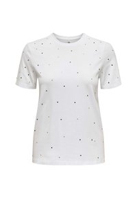 Camiseta de algodón blanca con cuello redondo y mangas cortas, que presenta adornos decorativos en negro y plata en un patrón disperso.