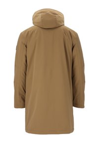 Bruine hoodie met een recht gesneden pasvorm, beschikt over lange mouwen, een gladde textuur en een minimalistisch ontwerp zonder zichtbare hardware of versieringen.