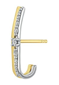Pendientes de metal dorado y plateado con un diseño curvado, decorados con piedras preciosas claras a lo largo de un lado, con un respaldo seguro de tipo pin.