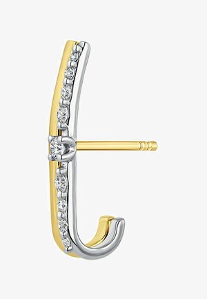 Pendientes de metal dorado y plateado con un diseño curvado, decorados con piedras preciosas claras a lo largo de un lado, con un respaldo seguro de tipo pin.