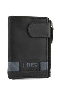 Cartera de cuero negro con cierre de cremallera, con una textura suave y un acento de cuero azul con el nombre de la marca "LOIS" en relieve.