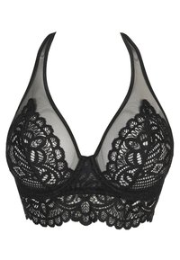 Musta pitsinen bralette, jossa on läpikuultavaa verkkomateriaalia, syvä V-pääntie, aaltoilevat reunat ja monimutkaisia kukkakuvioita kuppeissa.