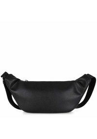 Borsa in pelle nera con superficie morbida e texture, forma allungata, chiusura a zip e tracolla regolabile per una vestibilità sicura.
