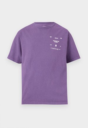 Purple cotton T-shirt with short sleeves, featuring white text graphics and a relaxed fit. Smooth texture and crew neckline.