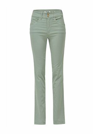 Pantalones de mezcla de algodón verde claro con un ajuste slim, cintura media, dos bolsillos frontales y dos traseros. Cierre con botón y cremallera.