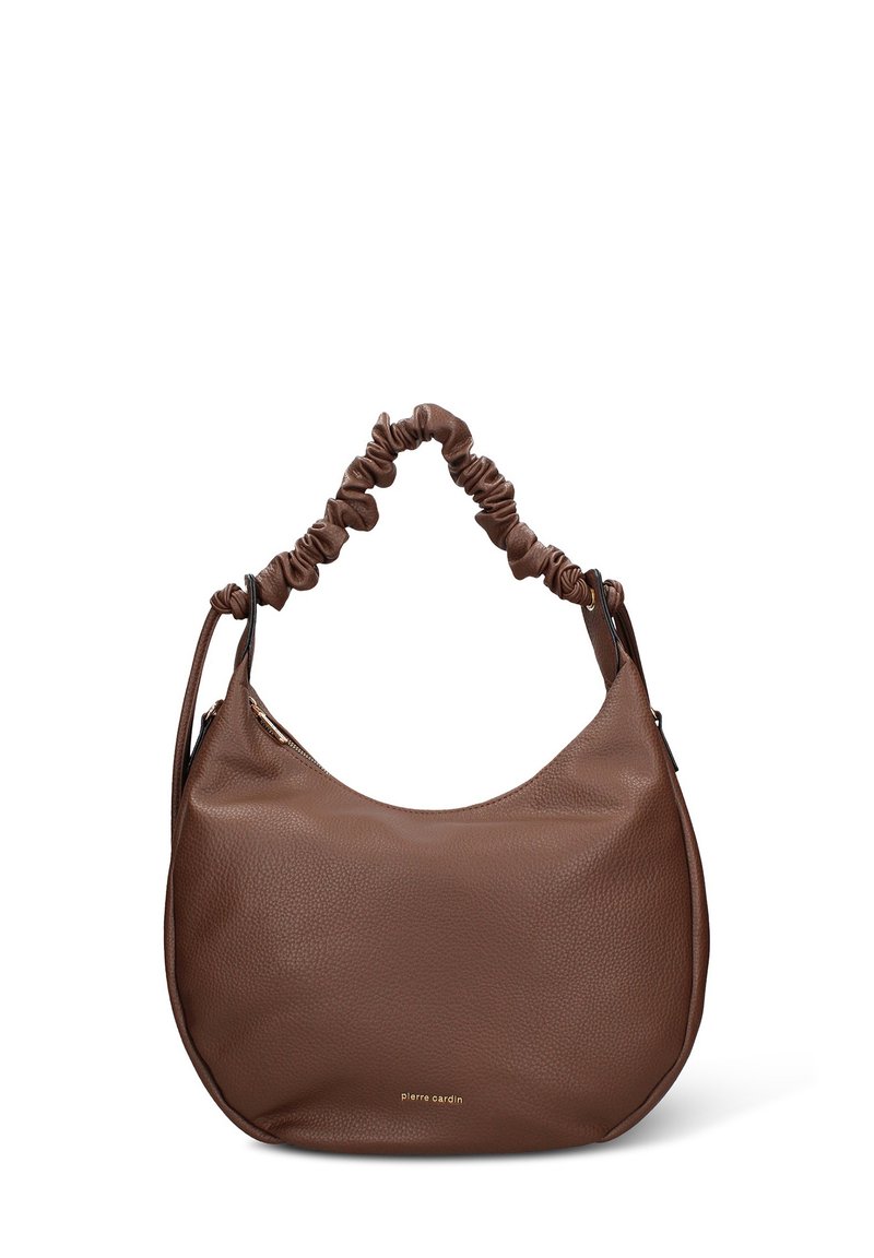 Borsa a tracolla in pelle marrone con una finitura morbida e testurizzata, manico arricciato con un accento liscio e un sottile dettaglio del logo dorato.