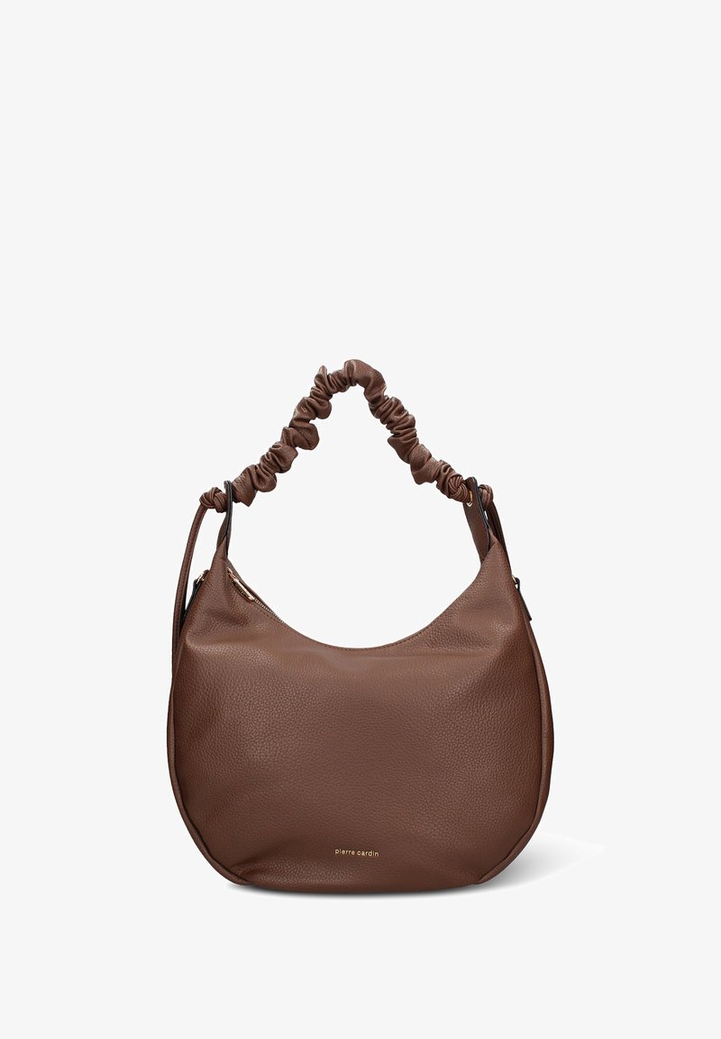 Borsa a tracolla in pelle marrone con una finitura morbida e testurizzata, manico arricciato con un accento liscio e un sottile dettaglio del logo dorato.