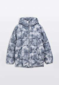 Pikowana kurtka puchowa w szarym wzorze tie-dye z kapturem, z zapięciem na zamek błyskawiczny i bocznymi kieszeniami, wykonana z gładkiego tworzywa sztucznego.