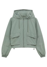 Geknipt, lichtgroen jack gemaakt van een glad materiaal heeft een capuchon, twee voorzakken met drukknoopsluiting en elastische manchetten.