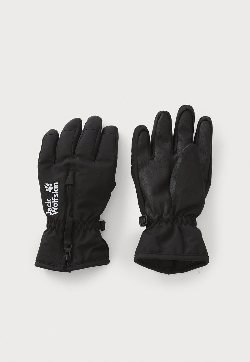 Gants imperméables noirs avec un extérieur en tissu doux, des poignets élastiques et des détails de logo ; conçus pour la chaleur et la flexibilité par temps froid.