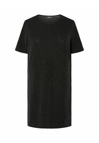 Vestido negro de manga corta con un corte relajado, hecho de una tela texturizada que presenta un sutil brillo. Escote redondo, diseño a la altura de la rodilla.