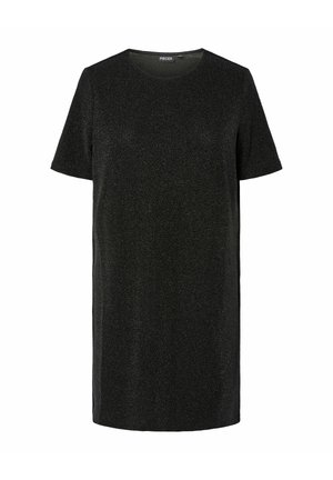 Abito nero a maniche corte con una vestibilità comoda, realizzato in tessuto testurizzato con un leggero luccichio. Collo rotondo, lunghezza al ginocchio.