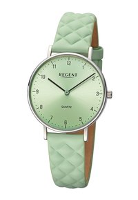 Montre en quartz vert menthe avec un bracelet en silicone texturé à motif de diamant. Le cadran présente des chiffres et des aiguilles argentés avec une finition brossée.