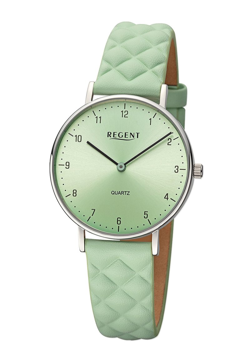 Montre en quartz vert menthe avec un bracelet en silicone texturé à motif de diamant. Le cadran présente des chiffres et des aiguilles argentés avec une finition brossée.