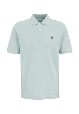 Light blue polo shirt made of cotton, featuring a classic collar, short sleeves, three buttons, and a small black bird logo on the chest.
