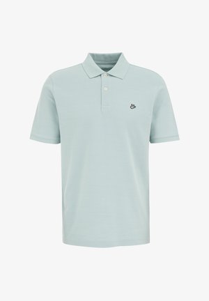 Lysblå polo T-shirt lavet af bomuld, med klassisk krave, korte ærmer, tre knapper og et lille sort fugl-logo på brystet.