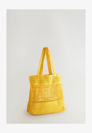 Borsa a tracolla gialla all'uncinetto a forma rettangolare, con sezioni a rete aperta, manici robusti e una finitura testurizzata.