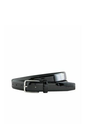 Black glossy leather belt with silver metal buckle, coiled on a white background.